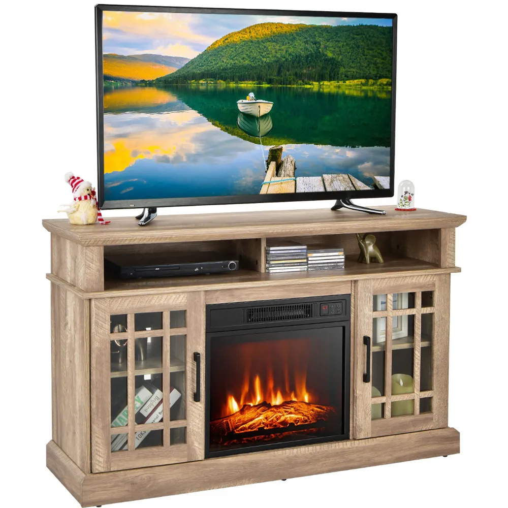 2 Door 2 Shelf Electric Fireplace TV Stand - Natural