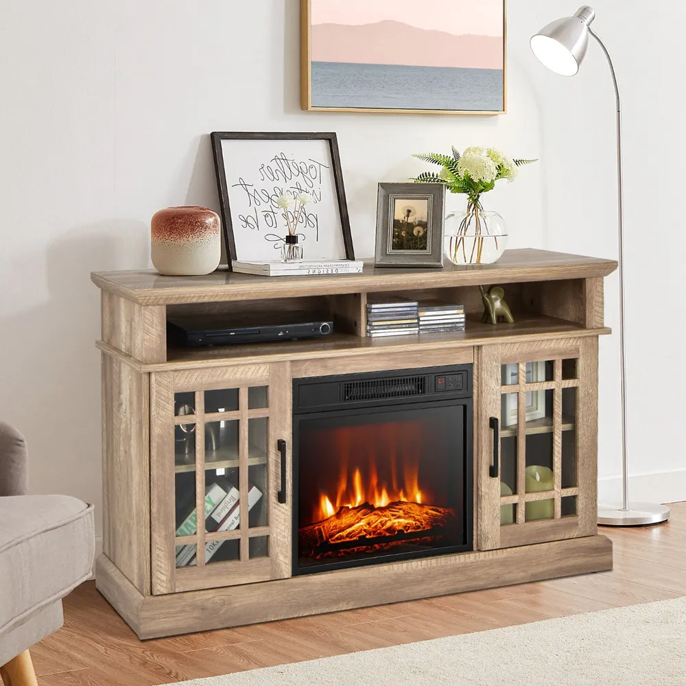 2 Door 2 Shelf Electric Fireplace TV Stand - Natural