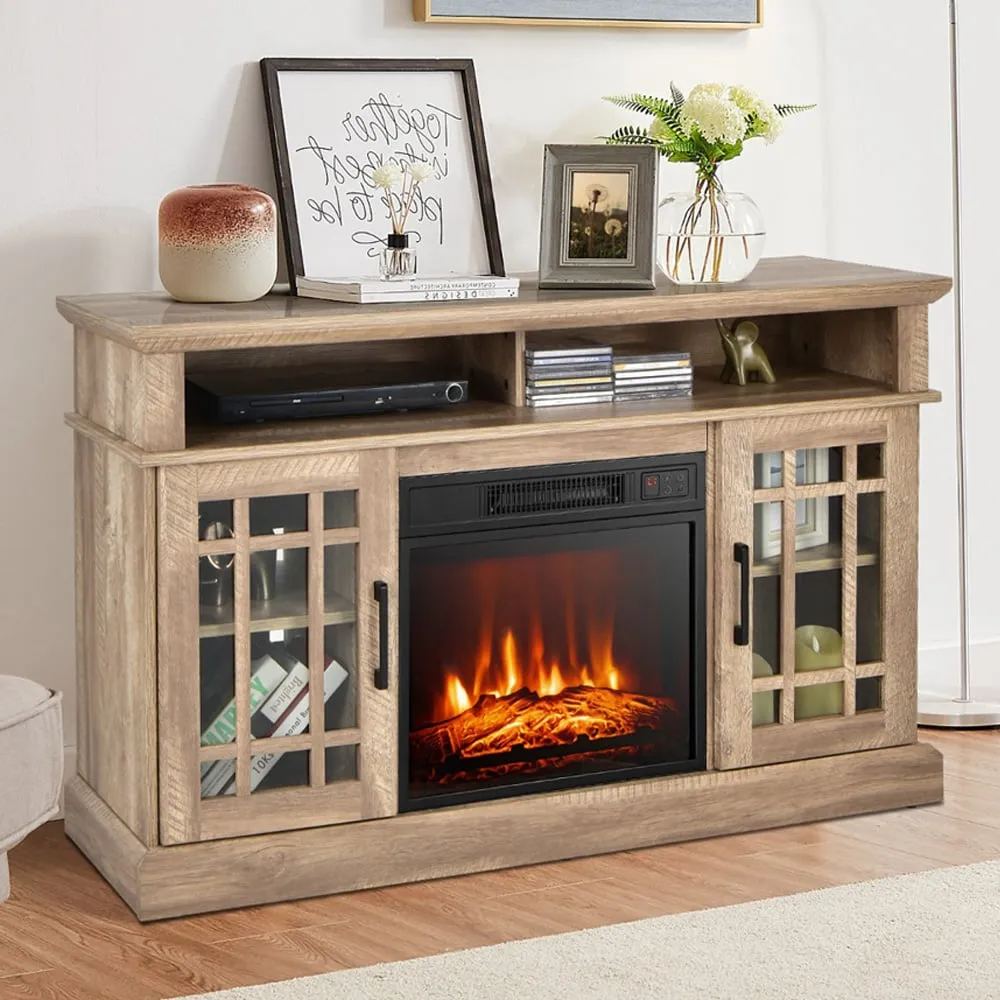 2 Door 2 Shelf Electric Fireplace TV Stand - Natural