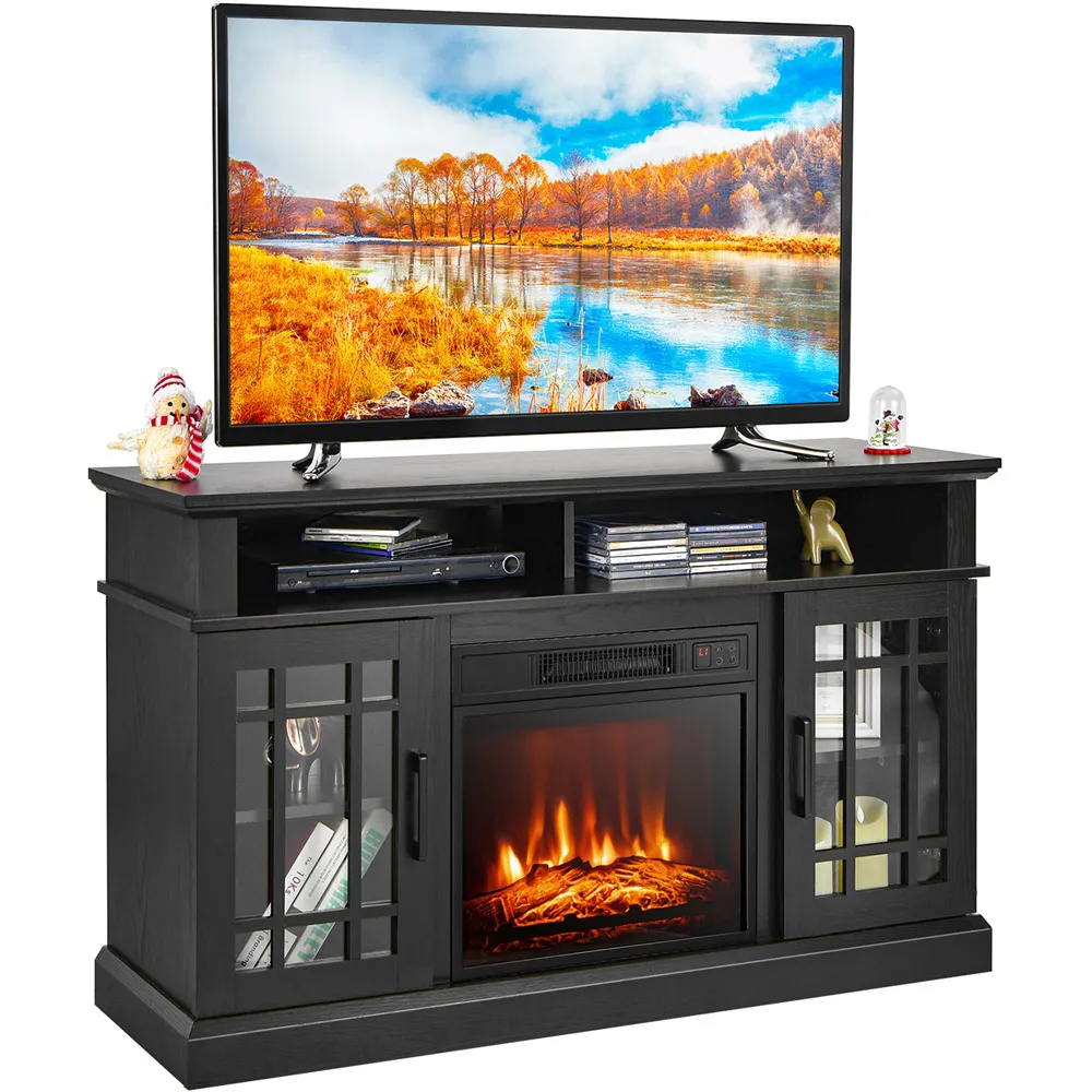 2 Door 2 Shelf Electric Fireplace TV Stand with Remote - Black