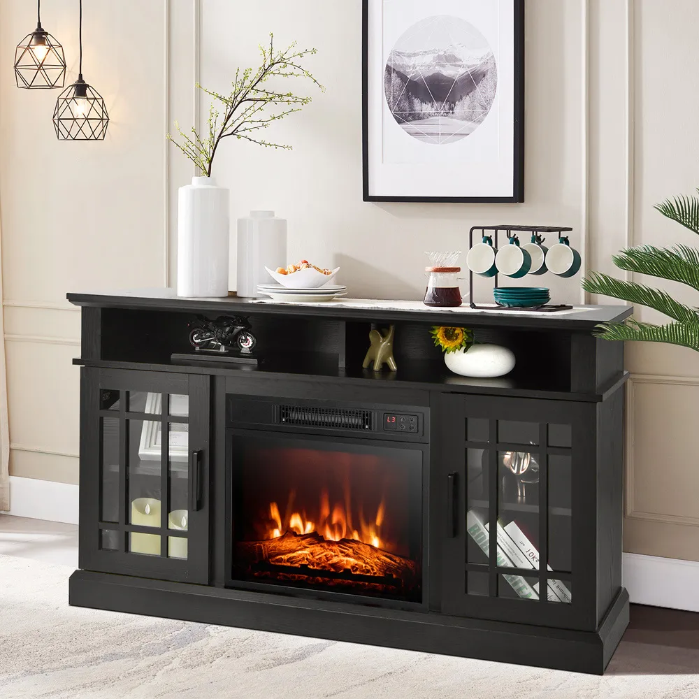 2 Door 2 Shelf Electric Fireplace TV Stand with Remote - Black