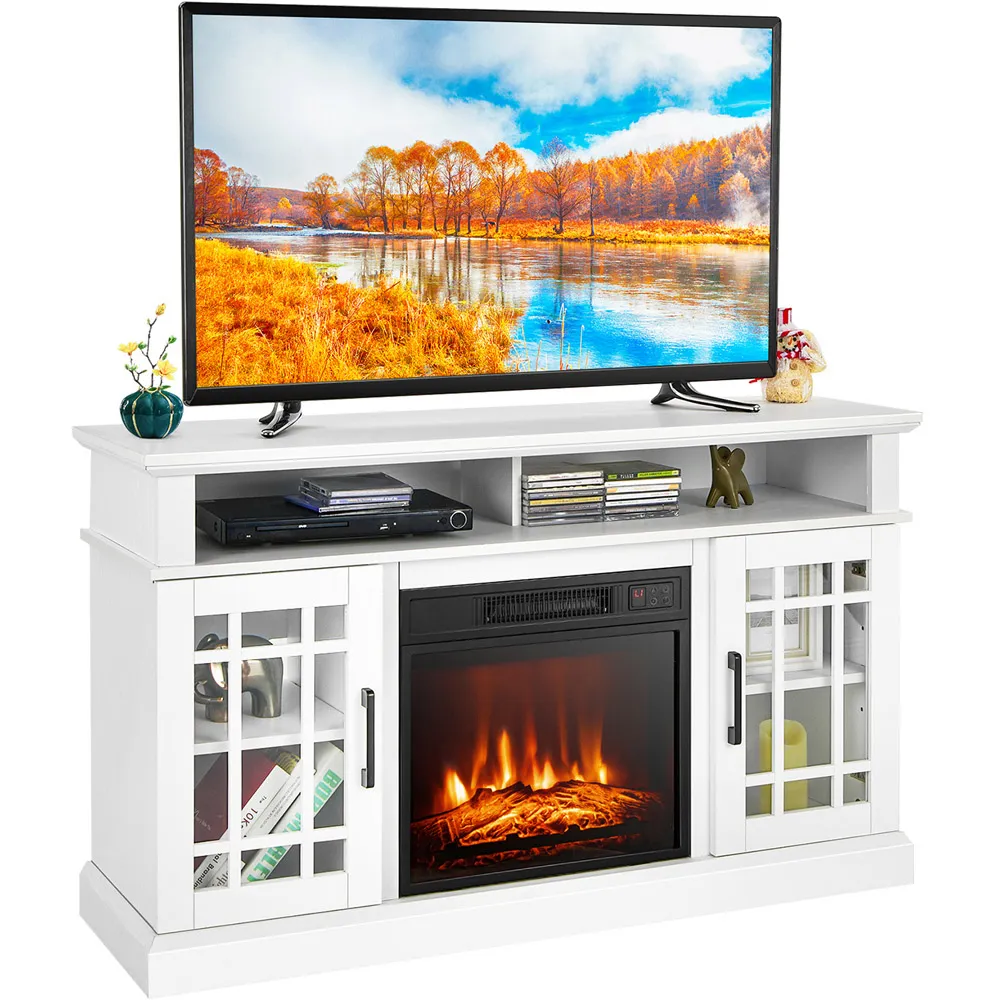 2 Door 2 Shelf Electric Fireplace TV Stand with Remote - White