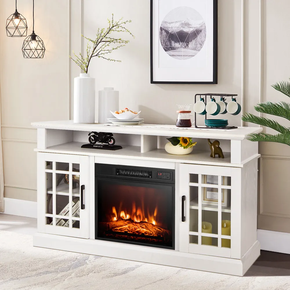 2 Door 2 Shelf Electric Fireplace TV Stand with Remote - White
