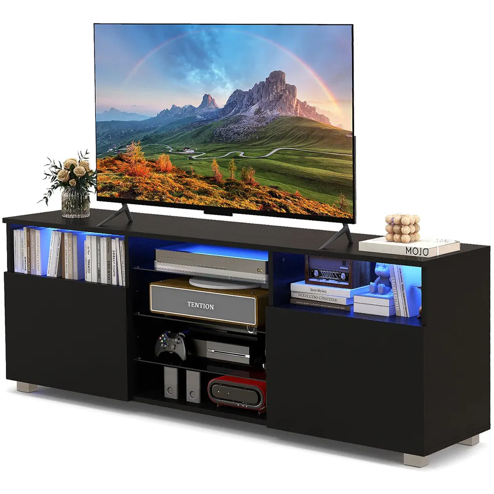 2 Door 6 Shelf TV Unit with LED - Black