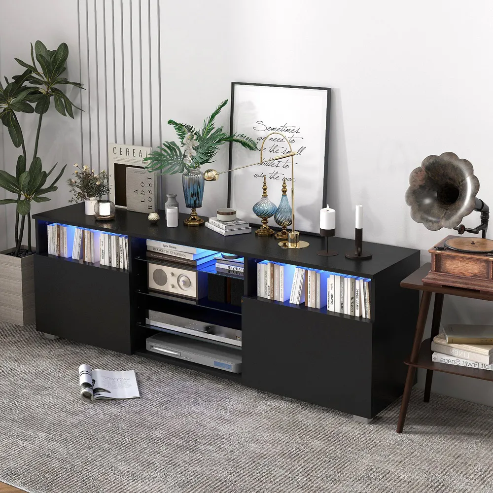 2 Door 6 Shelf TV Unit with LED - Black