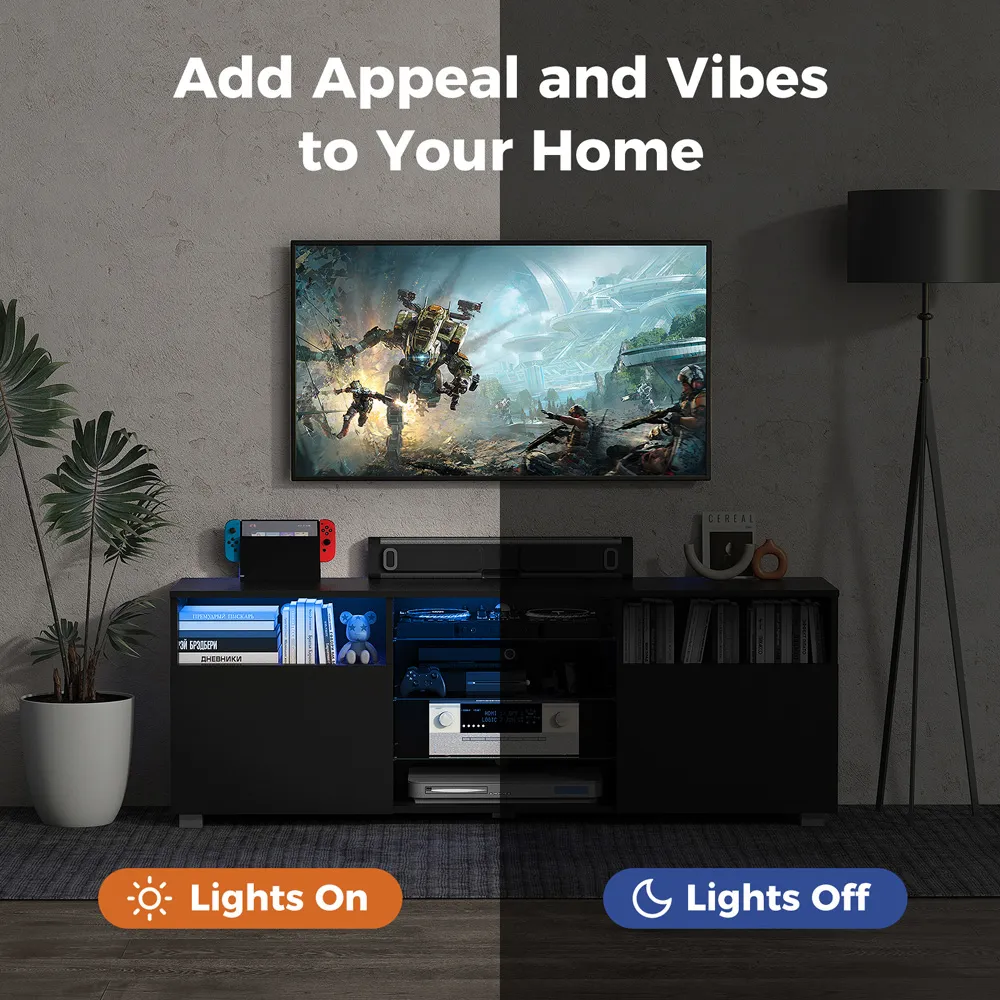 2 Door 6 Shelf TV Unit with LED - Black