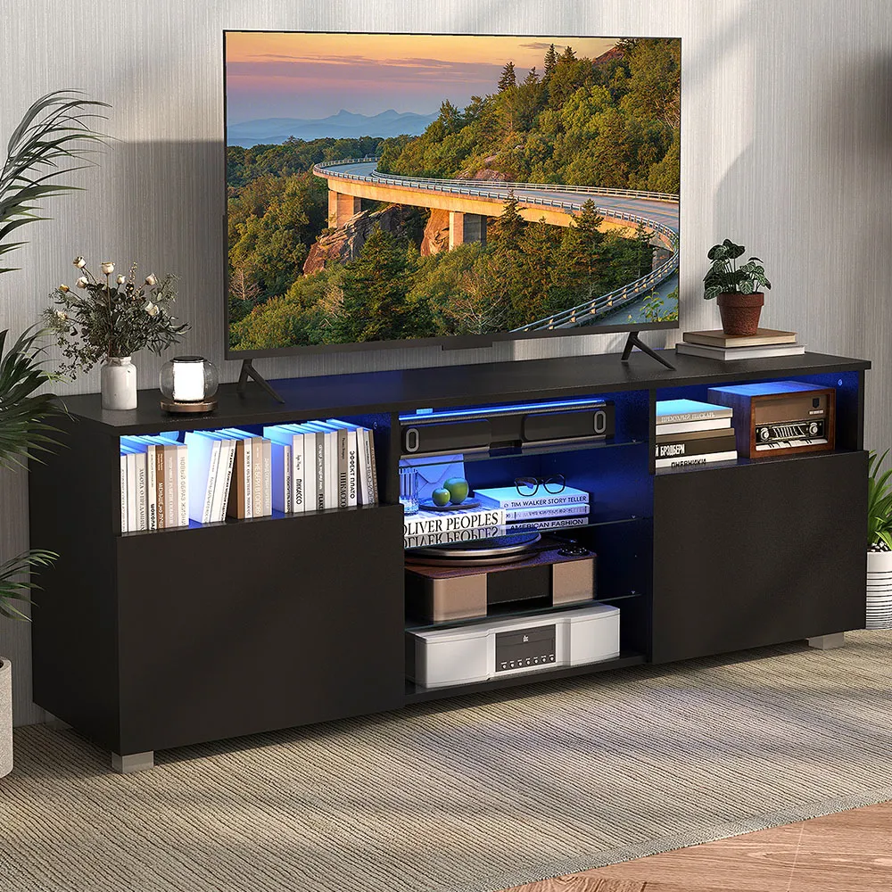 2 Door 6 Shelf TV Unit with LED - Black