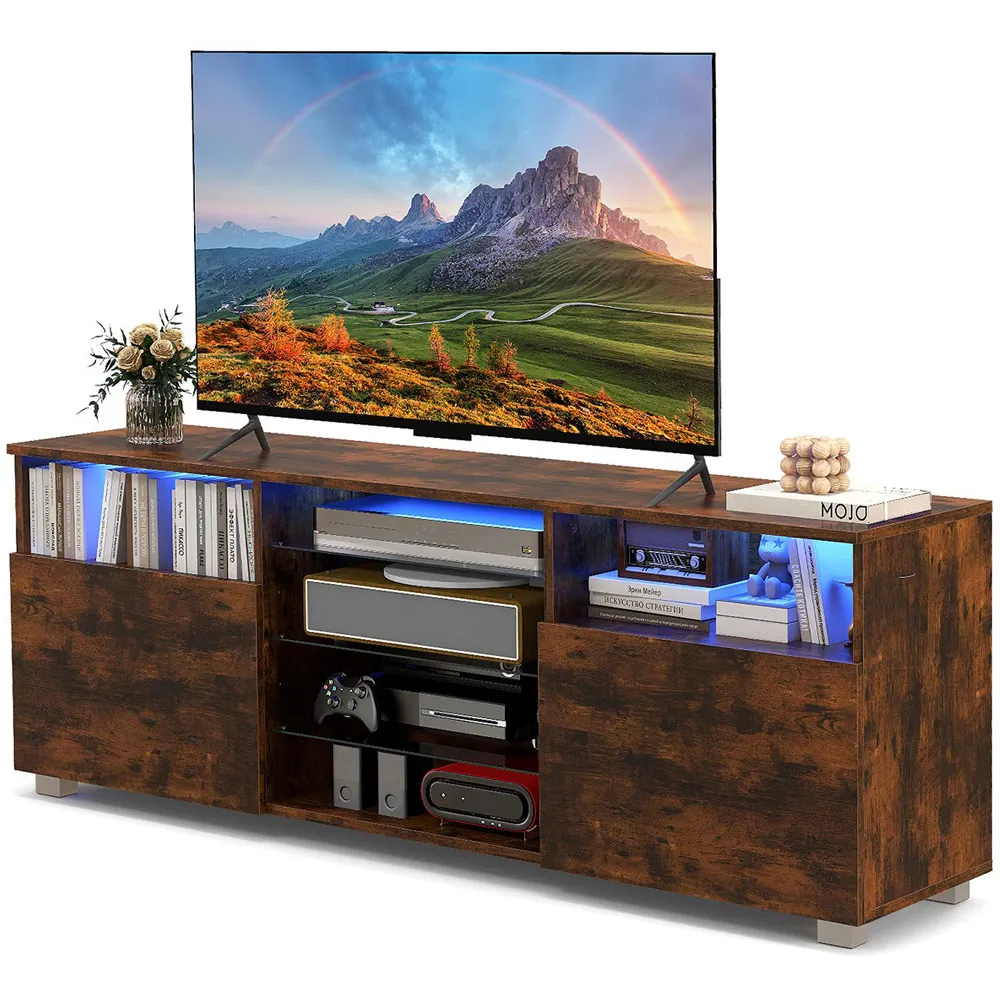 2 Door 6 Shelf TV Unit with LED - Rustic Brown