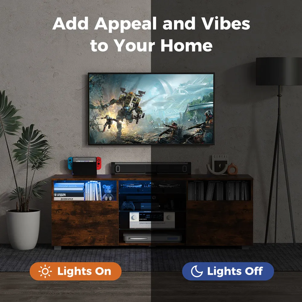 2 Door 6 Shelf TV Unit with LED - Rustic Brown