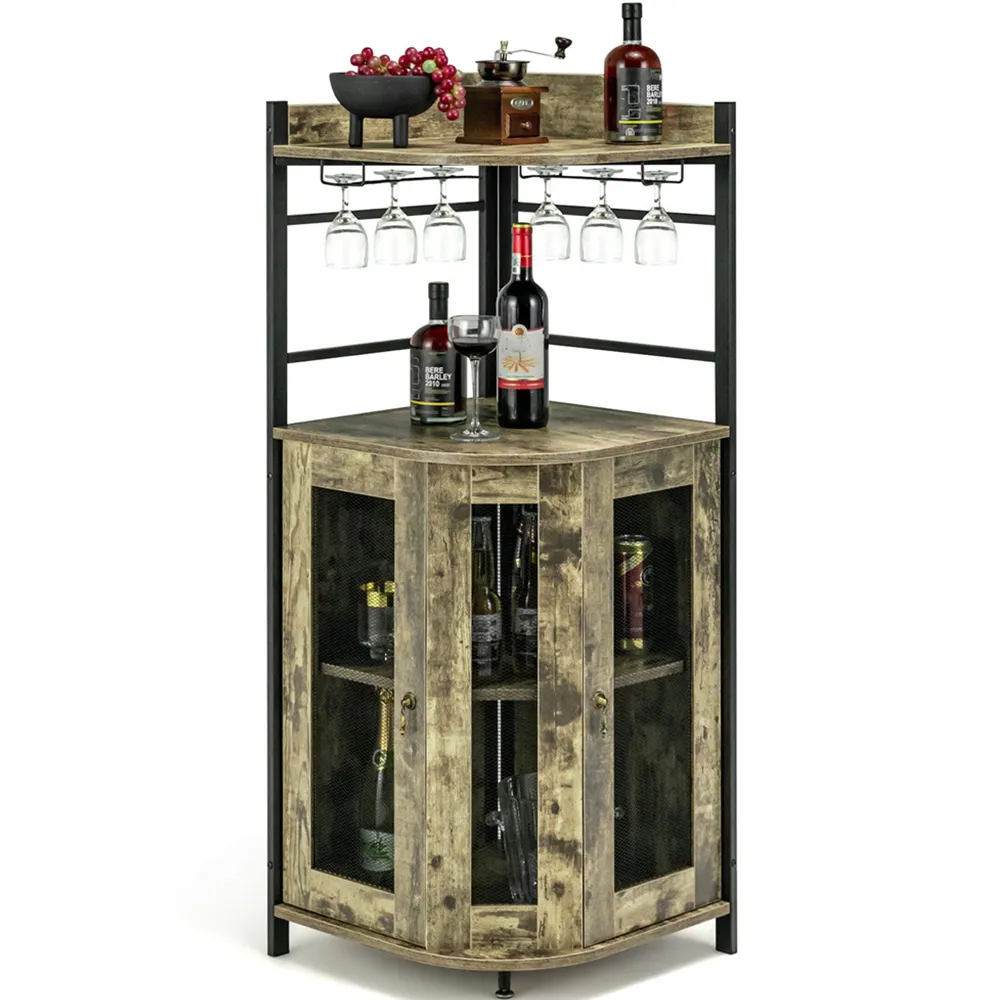 2 Door Corner Wine Bar Cabinet - Brown