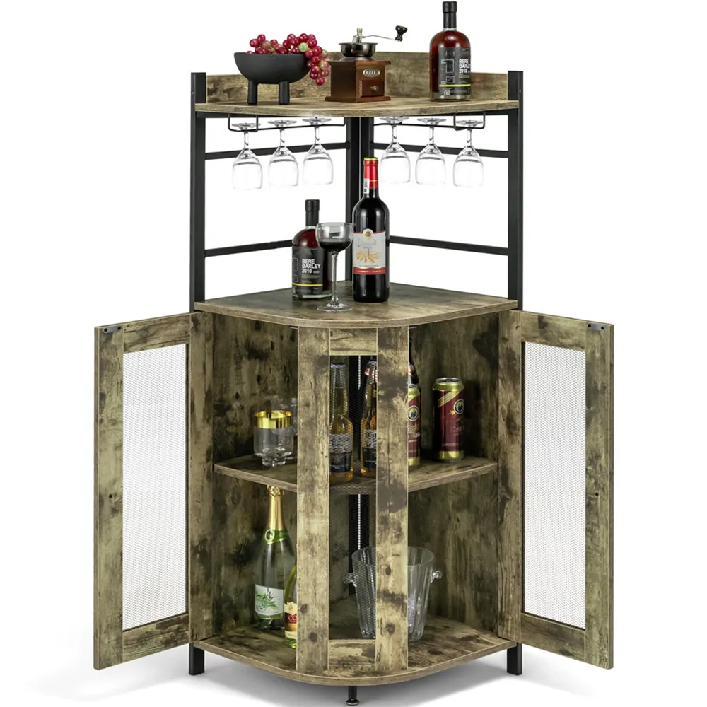 2 Door Corner Wine Bar Cabinet - Brown