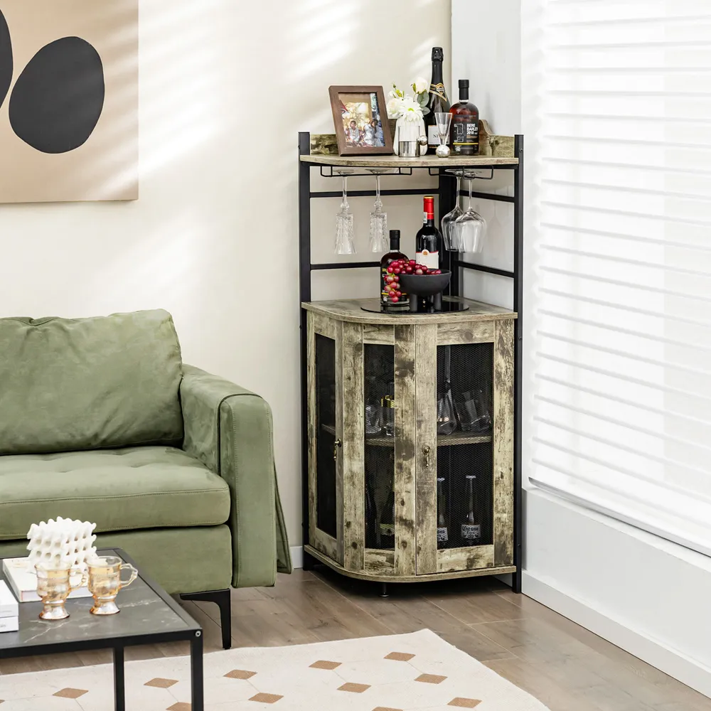 2 Door Corner Wine Bar Cabinet - Brown
