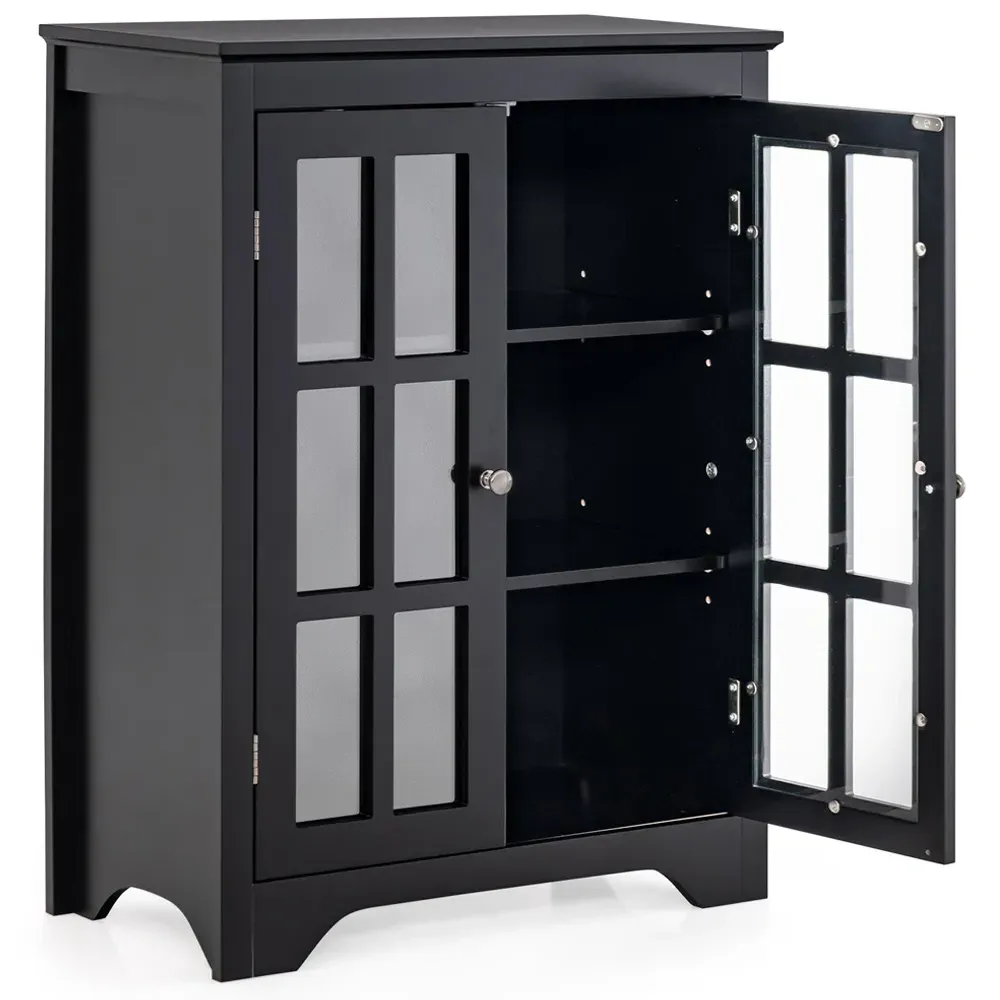 2 Door Floor Cabinet with Adjustable Shelves - Black, Glass