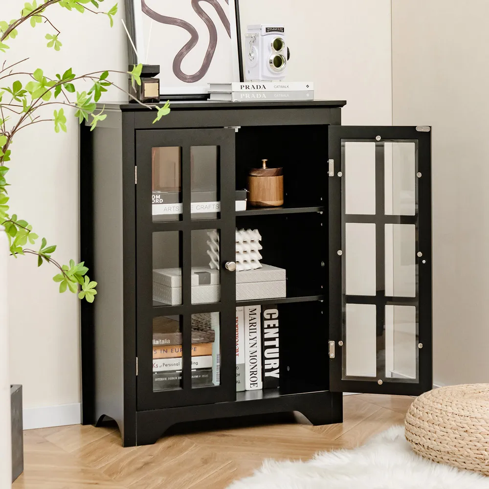2 Door Floor Cabinet with Adjustable Shelves - Black, Glass