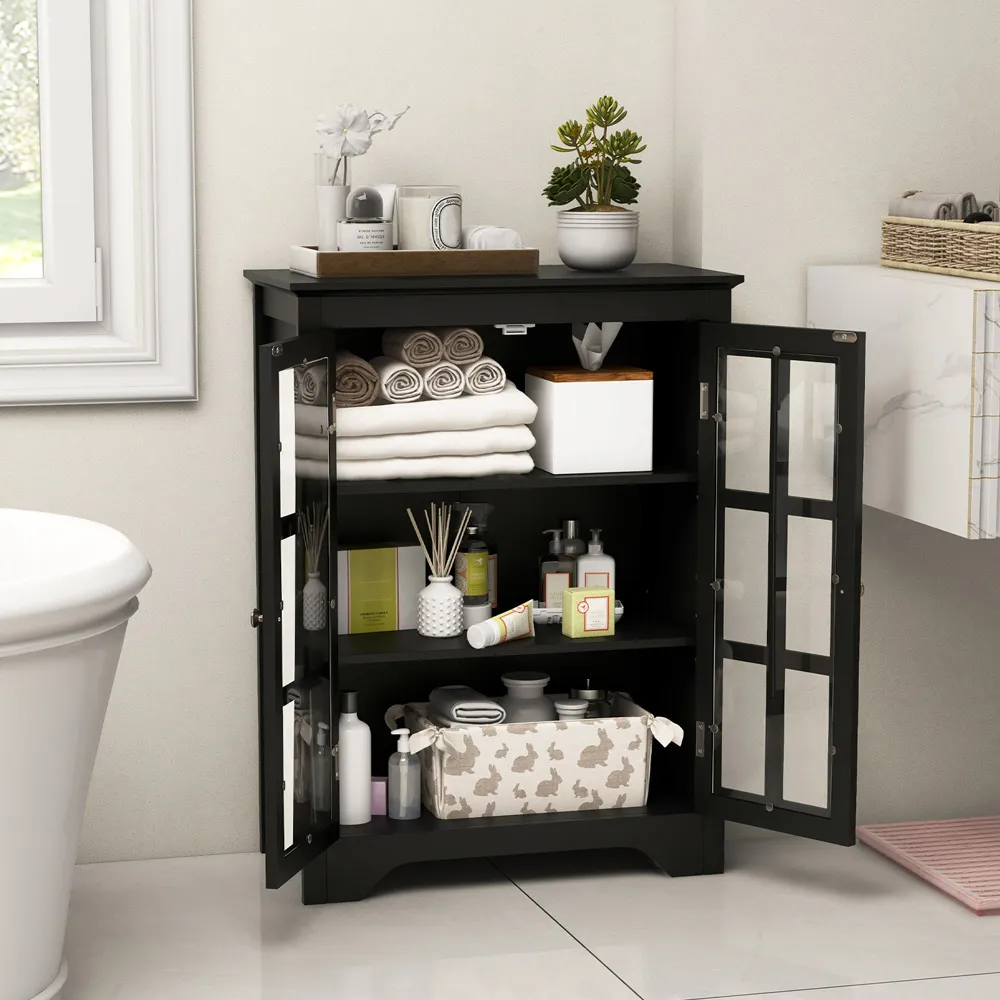 2 Door Floor Cabinet with Adjustable Shelves - Black, Glass