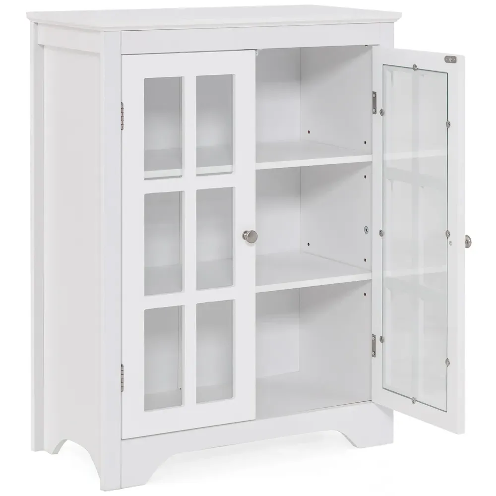 2 Door Floor Cabinet with Adjustable Shelves - White, Glass