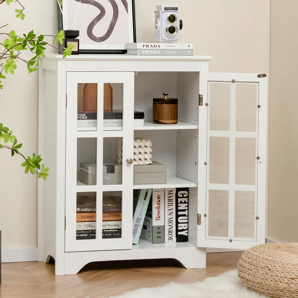 2 Door Floor Cabinet with Adjustable Shelves - White, Glass
