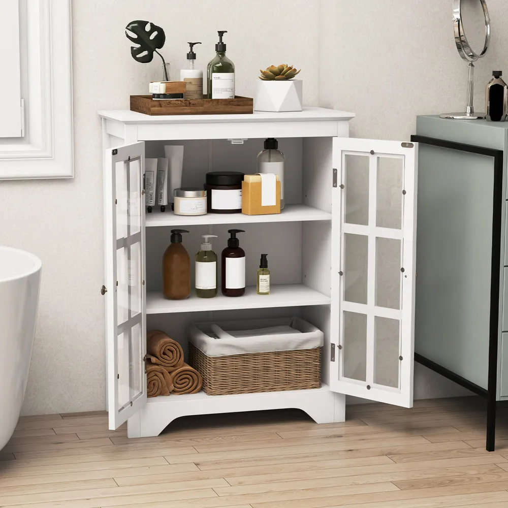 2 Door Floor Cabinet with Adjustable Shelves - White, Glass