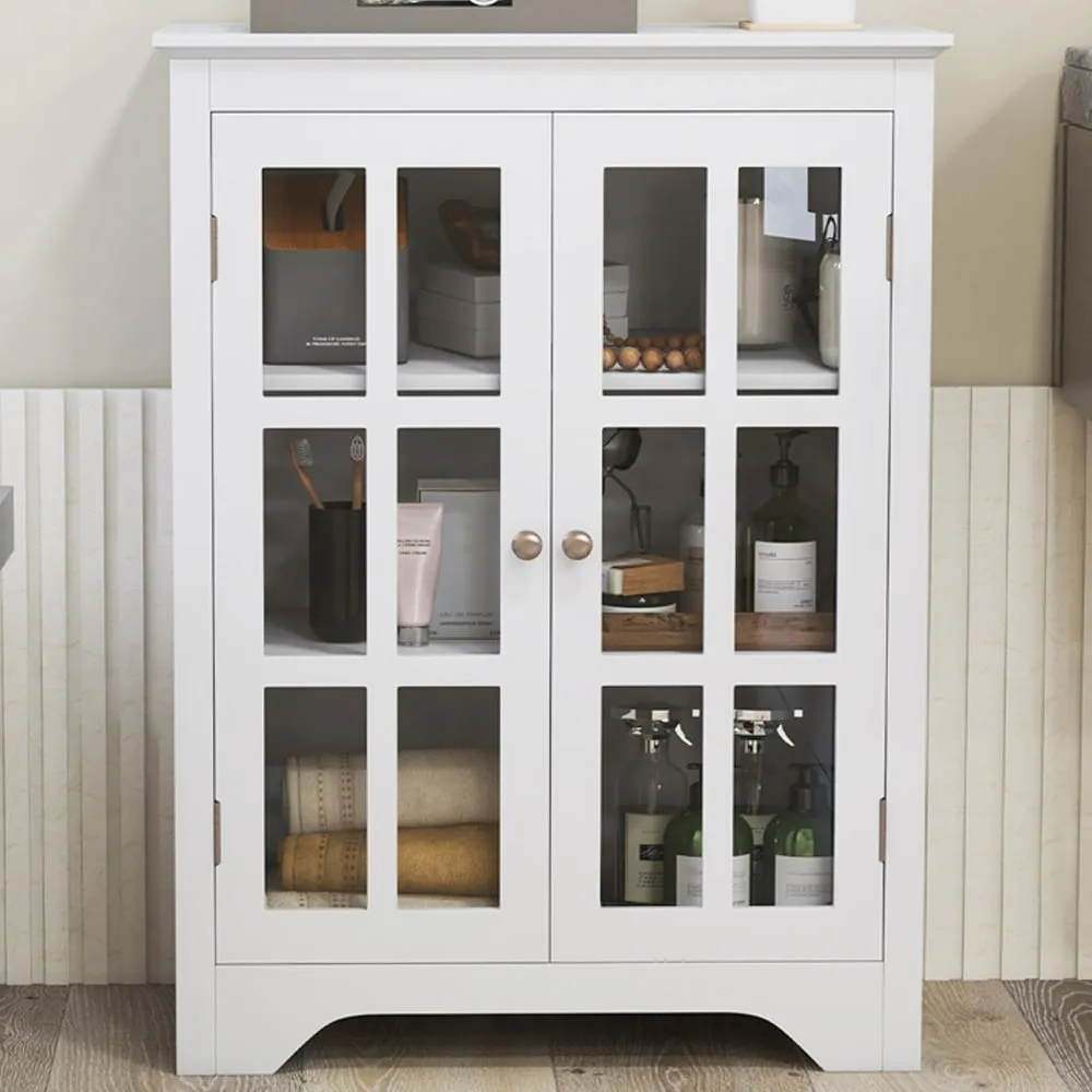 2 Door Floor Cabinet with Adjustable Shelves - White, Glass
