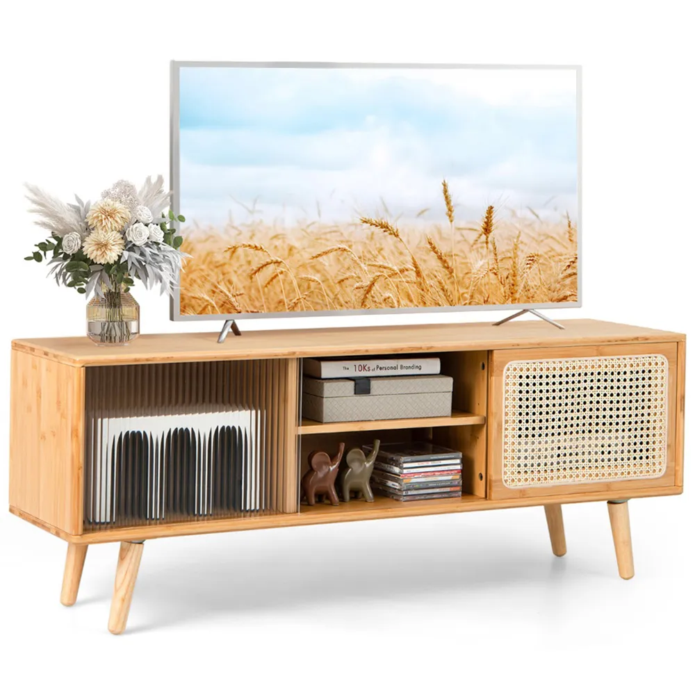 2 Door TV Unit with Glass and Rattan Doors - Cream