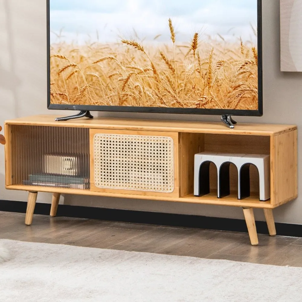 2 Door TV Unit with Glass and Rattan Doors - Cream