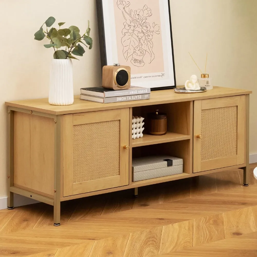 2 Door TV Unit with Rattan Weaving - Natural image