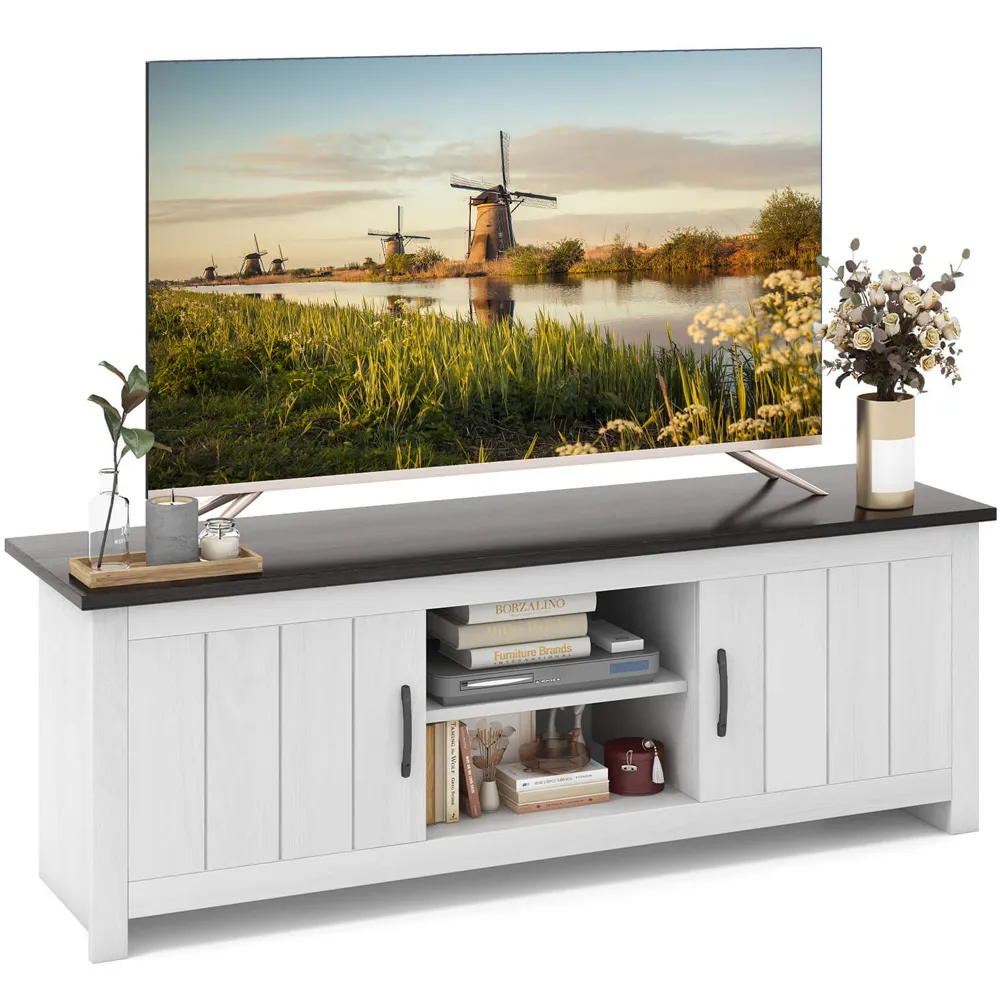 2 Door TV Unit with Slatted Design - Black