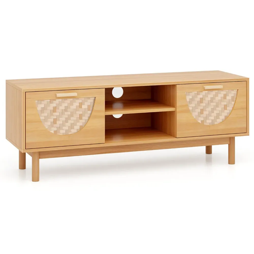 2 Drawer 2 Shelf TV Unit with Bamboo Woven Fronts - Cream