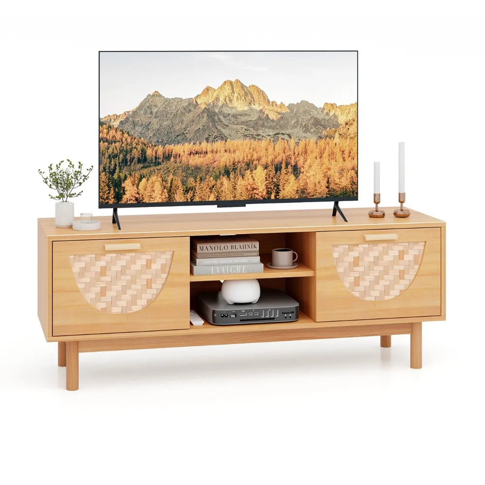 2 Drawer 2 Shelf TV Unit with Bamboo Woven Fronts - Cream
