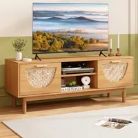 2 Drawer 2 Shelf TV Unit with Bamboo Woven Fronts - Cream
