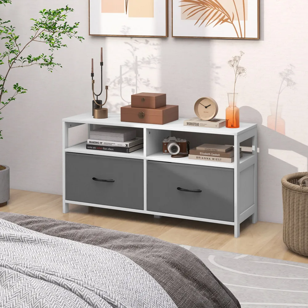 2 Drawer 2 Shelf TV Unit with Fabric Storage - White