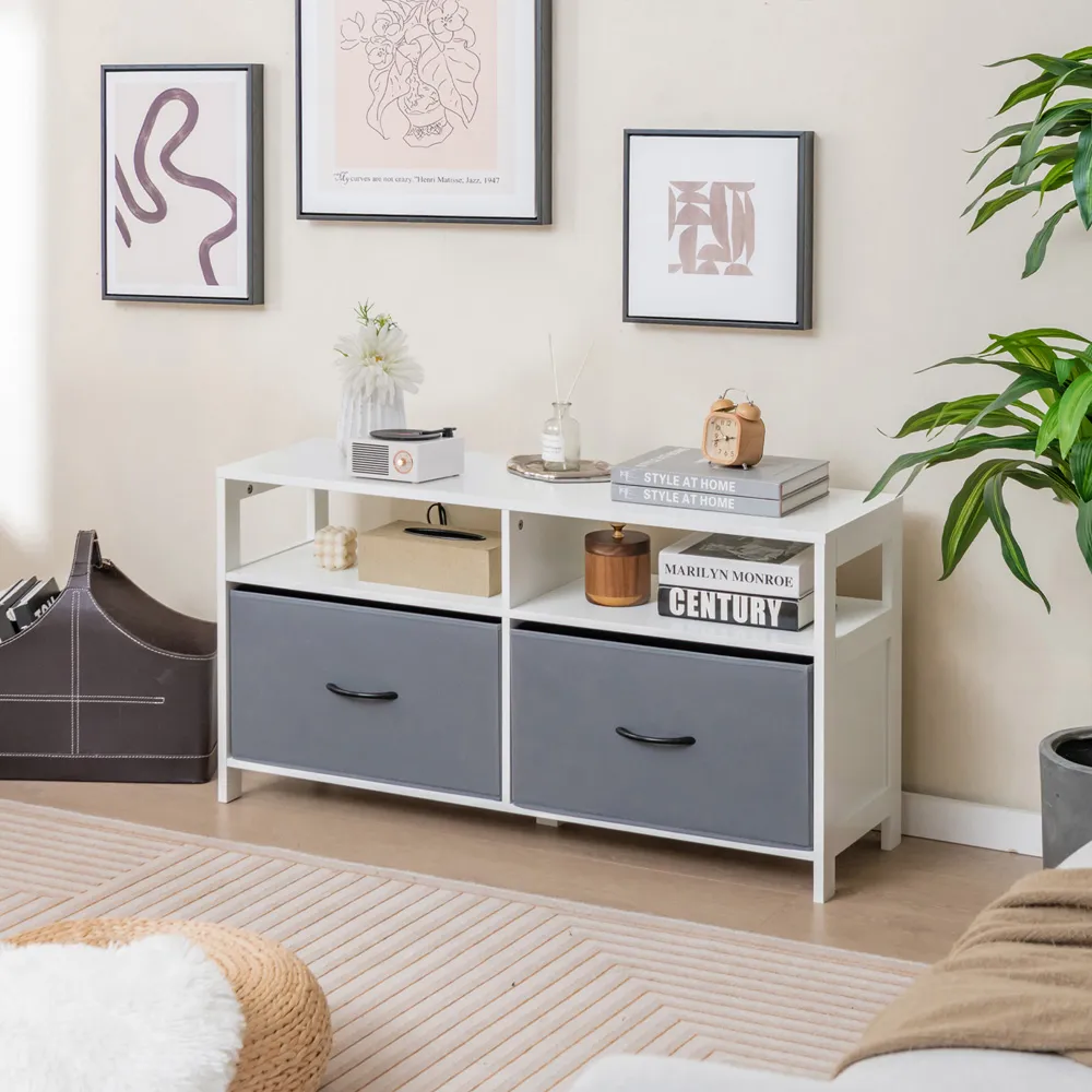 2 Drawer 2 Shelf TV Unit with Fabric Storage - White