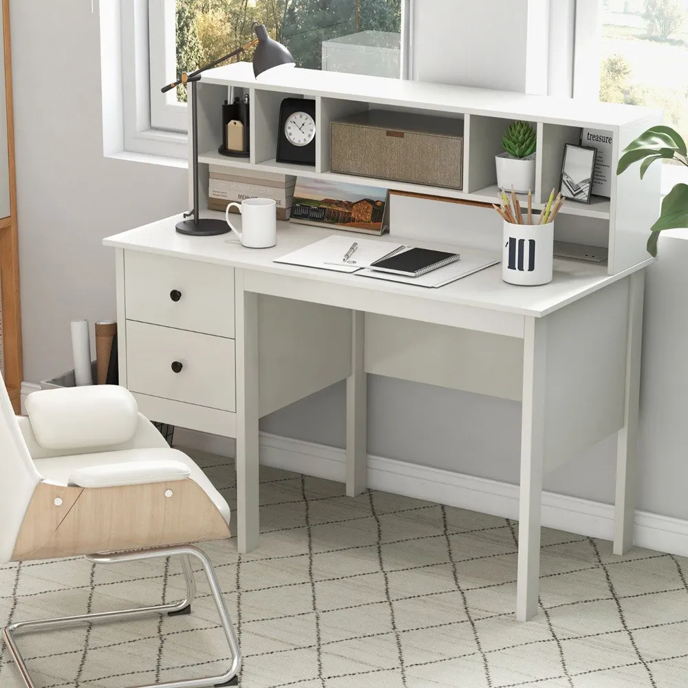2 Drawer 6 Shelf Computer Desk with Power Outlet - White