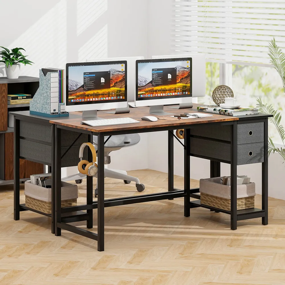2 Drawer Computer Desk with Shelf - Brown