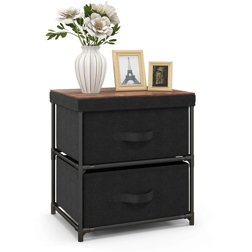 2 Drawer Fabric Nightstand with Removable Lid - Black
