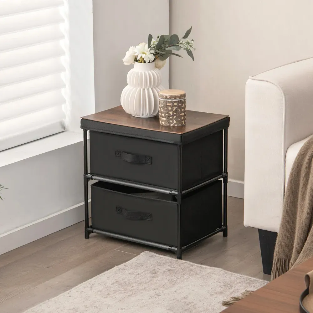 2 Drawer Fabric Nightstand with Removable Lid - Black