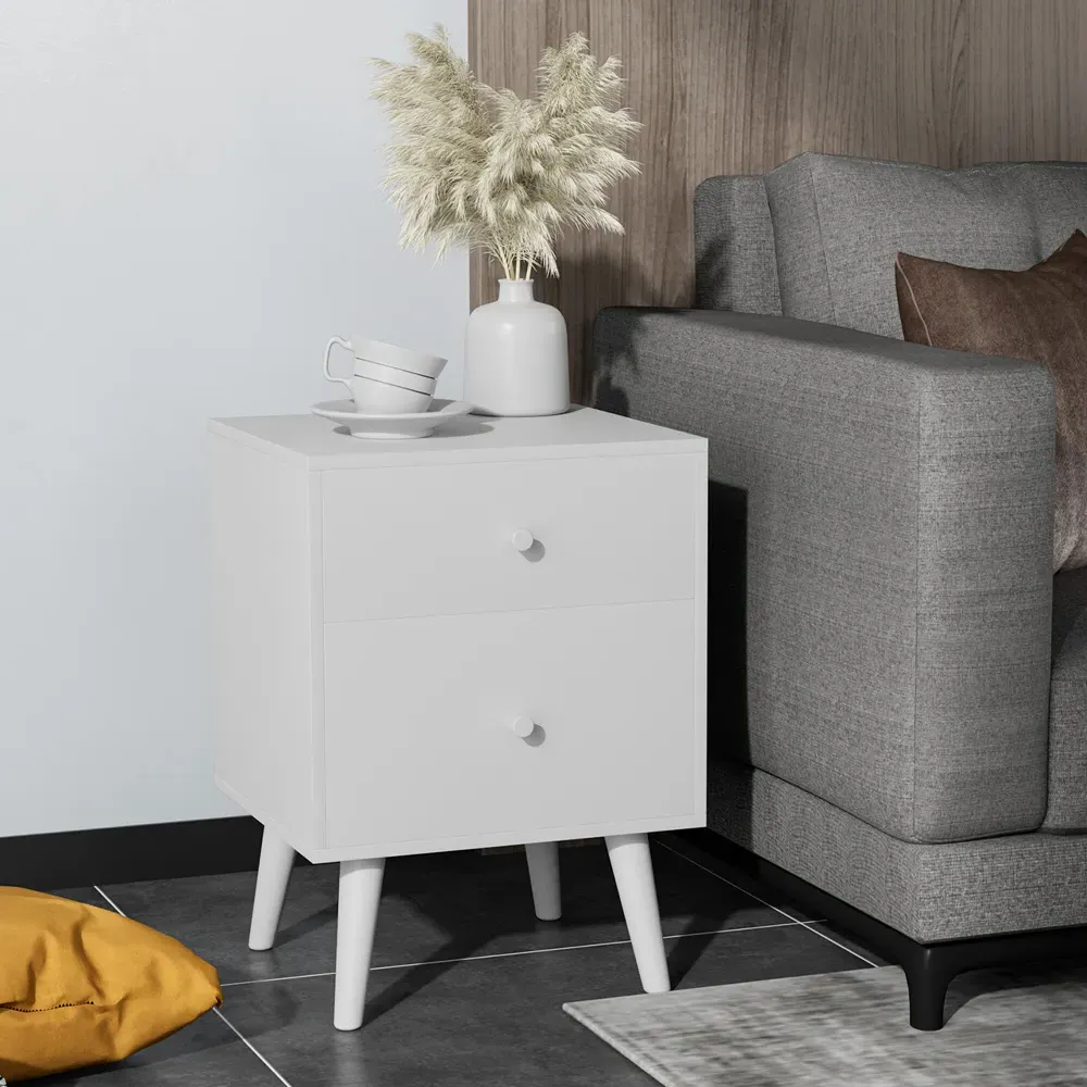 2 Drawer Nightstand - White, Rubber Wood