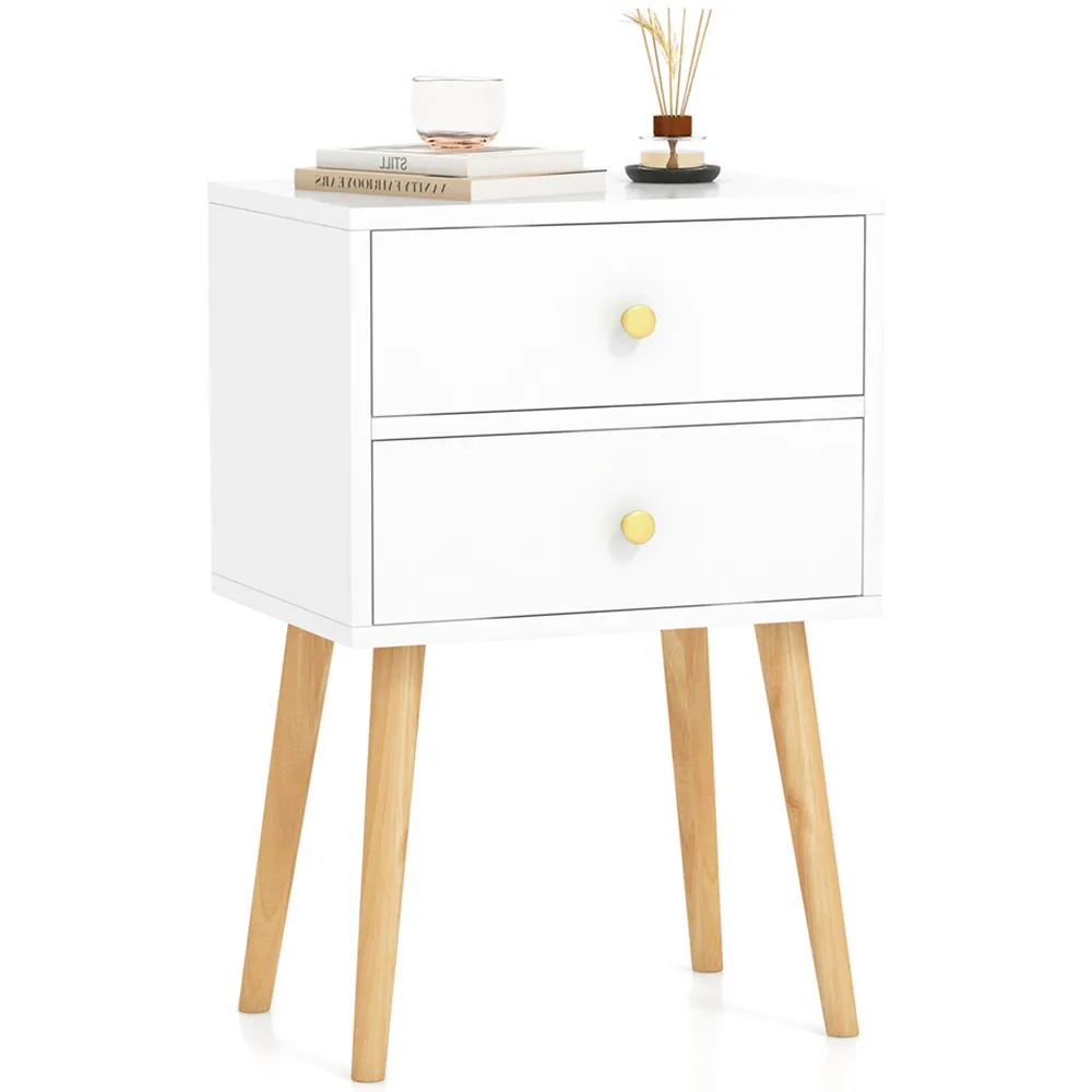 2 Drawer Nightstand with Solid Wood Legs - White