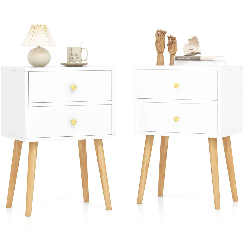 2 Drawer Nightstand with Solid Wood Legs - White