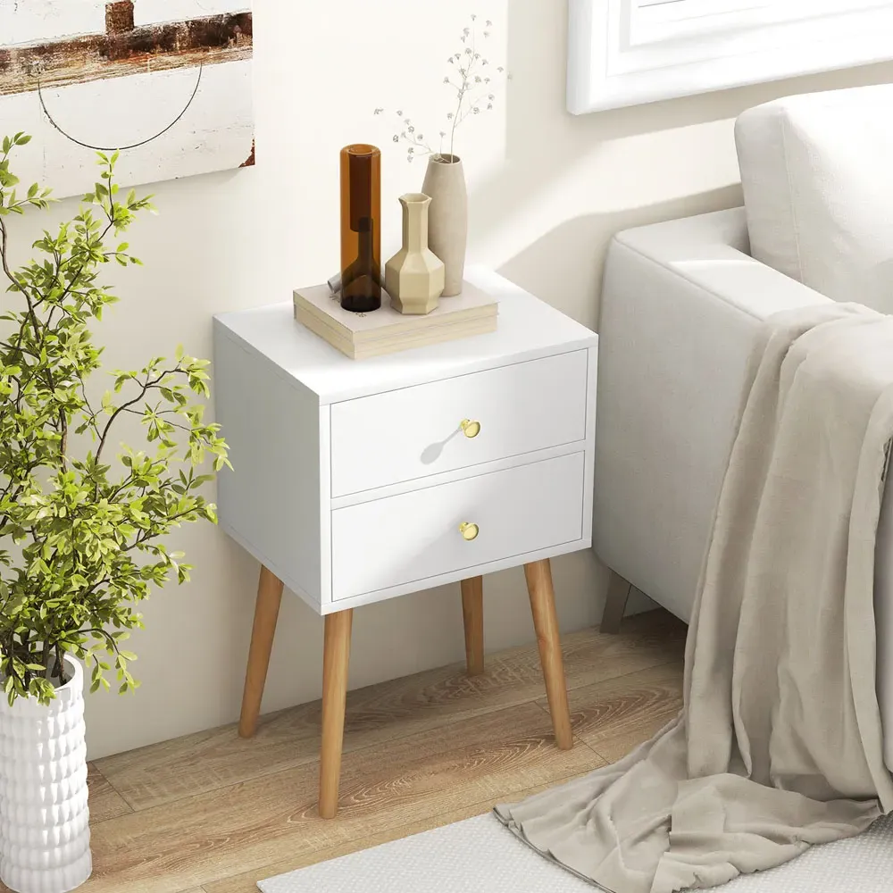 2 Drawer Nightstand with Solid Wood Legs - White