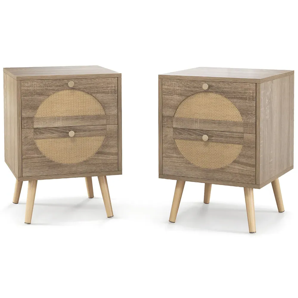 2 Drawer Rattan Bedside Table Set of 2 - Cream