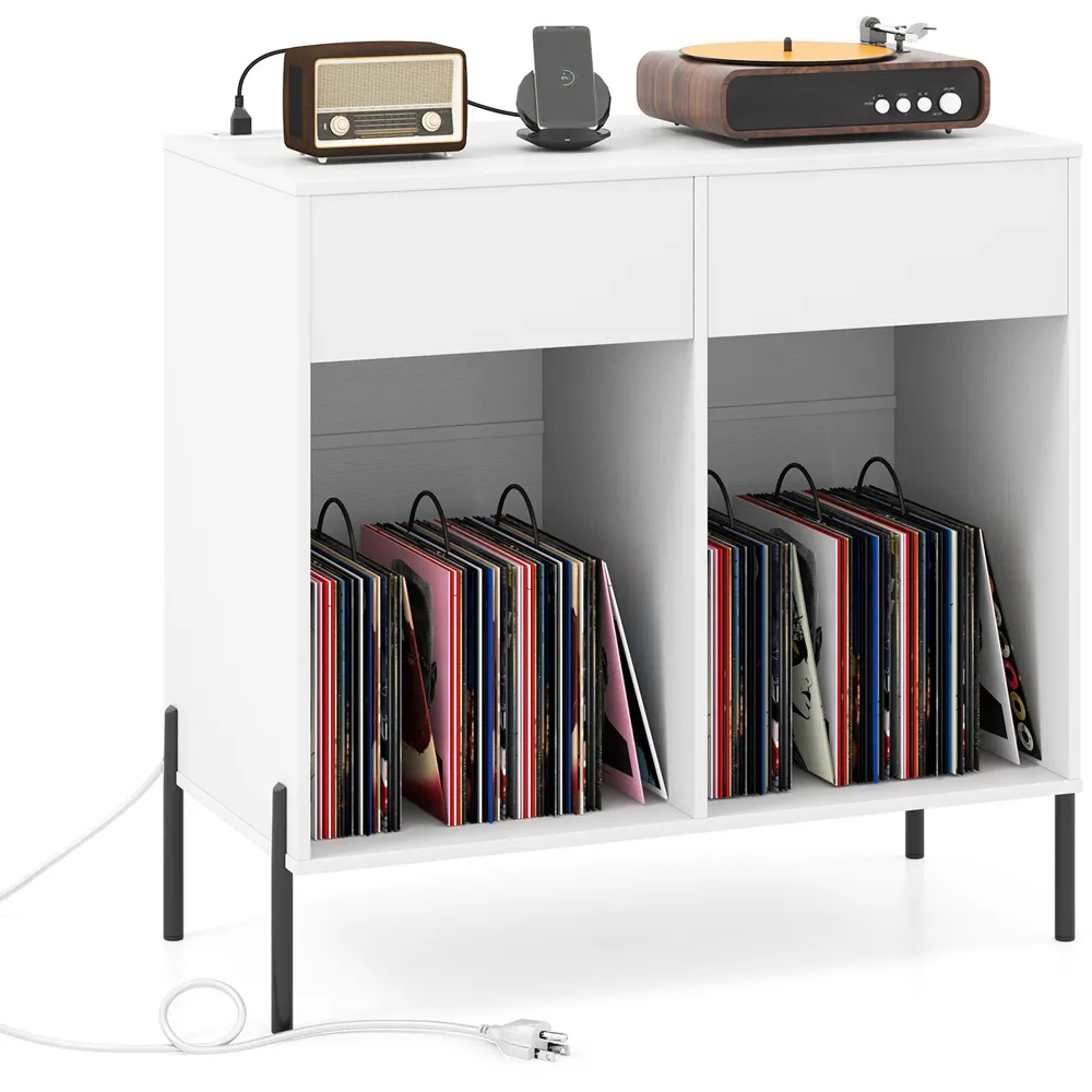 2 Drawer Record Player Stand with Power Outlet - White