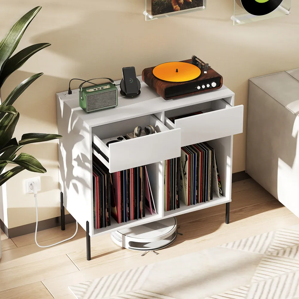 2 Drawer Record Player Stand with Power Outlet - White