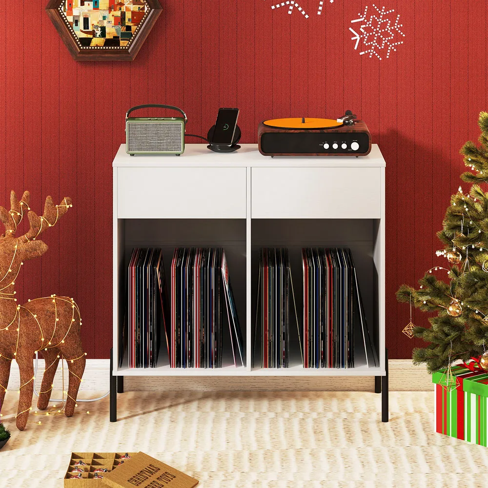 2 Drawer Record Player Stand with Power Outlet - White