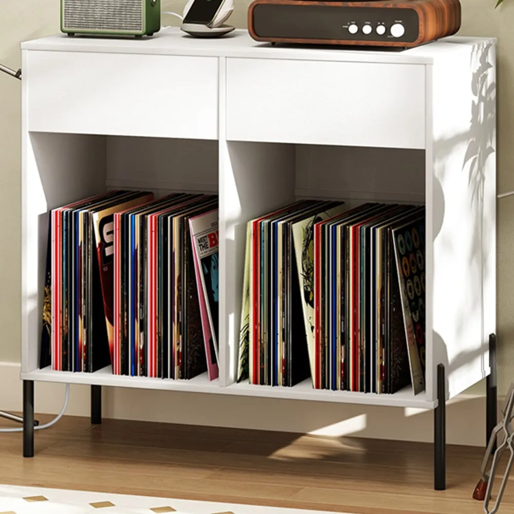2 Drawer Record Player Stand with Power Outlet - White image