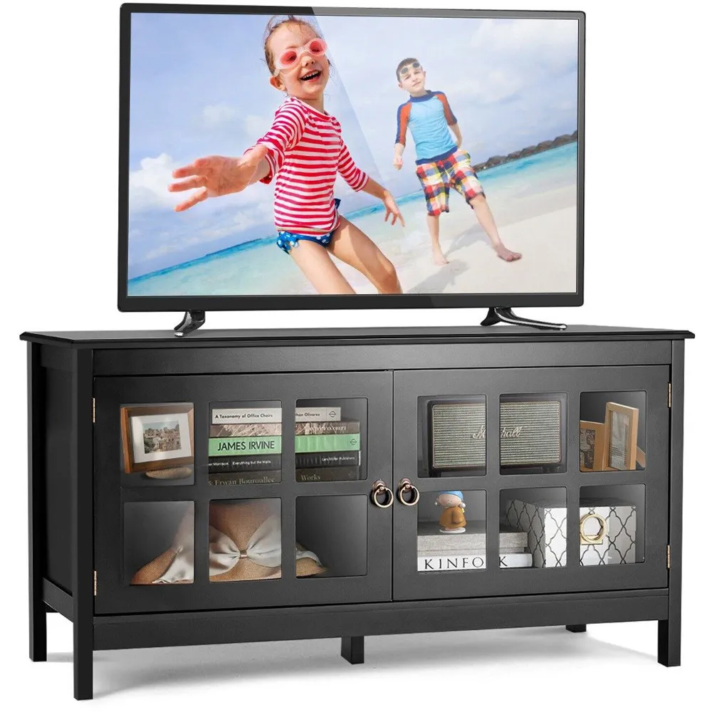 2 Glass Door TV Unit with Storage - Black, Wood