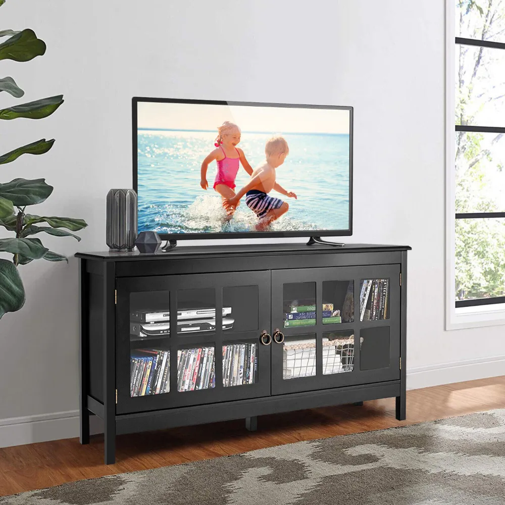 2 Glass Door TV Unit with Storage - Black, Wood