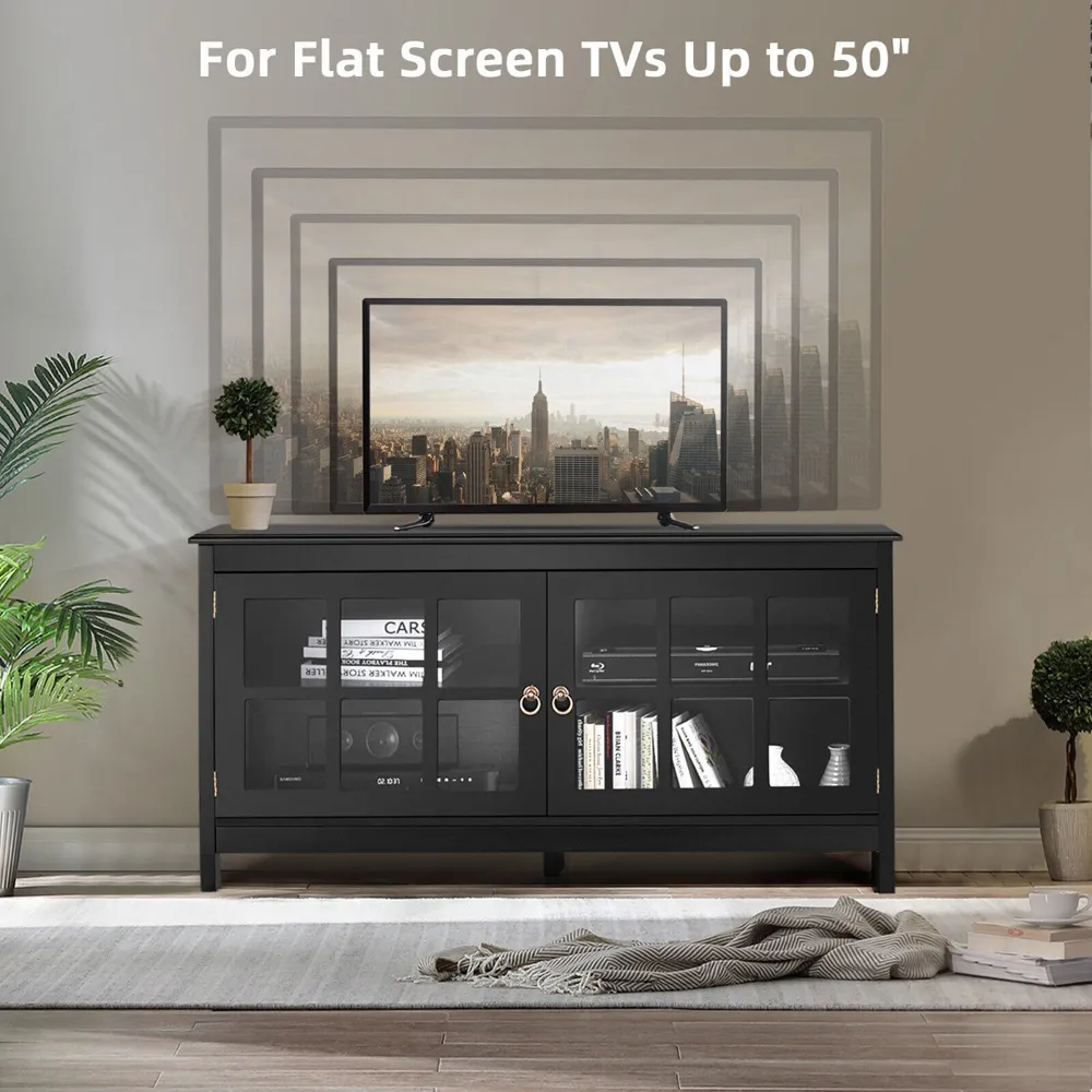 2 Glass Door TV Unit with Storage - Black, Wood