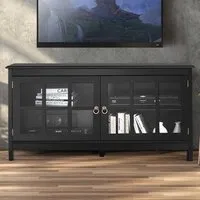 2 Glass Door TV Unit with Storage - Black, Wood