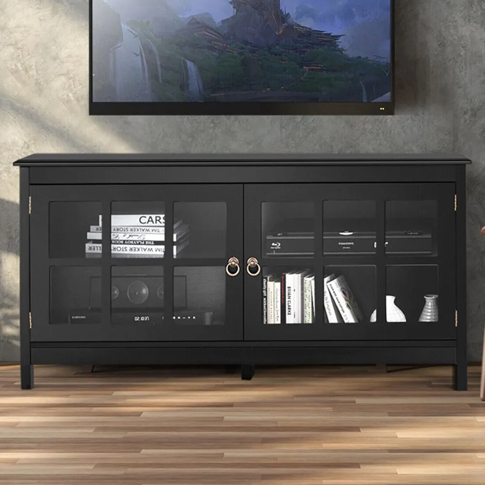 2 Glass Door TV Unit with Storage - Black, Wood image